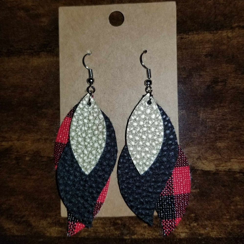 Faux Leather earrings: black, buffalo plaid, gold
